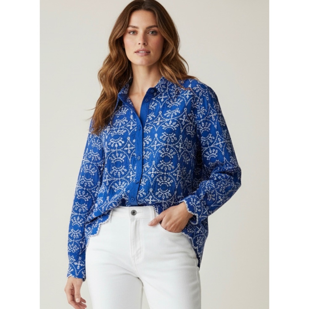 Cleo Petites Large Blue‎ White Embroidered Eyelet Cotton Button Down Shirt